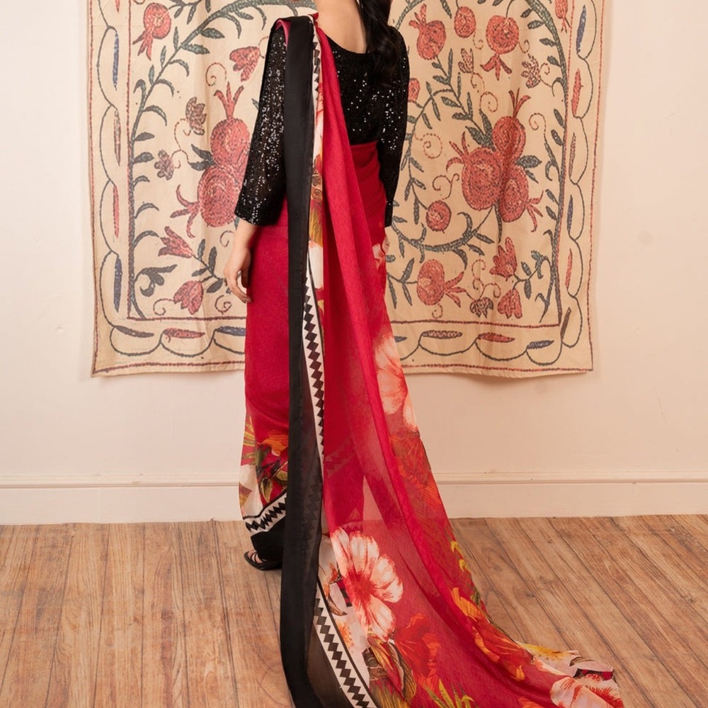 Elegant Red Floral Sari with Black Accents